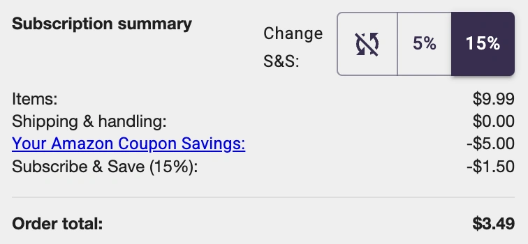 Image showing Subscribe & Save Receipt With $5 off Coupon and 15% Subscribe & Save Discount