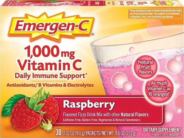 Emergen-C 1000mg Vitamin C Powder, Raspberry Flavor, 30 Count, Immune Support