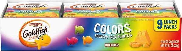 Goldfish Colors Cheddar Crackers, Snack Pack, 0.9 oz, 9 CT Multi-Pack Tray