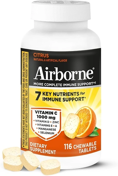 Airborne 1000mg Vitamin C Chewable Tablets with Zinc, 116 Count, Citrus Flavor