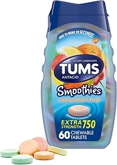 TUMS Smoothies Extra Strength Antacid Chewable Tablets, Assorted Fruit, 60 Count