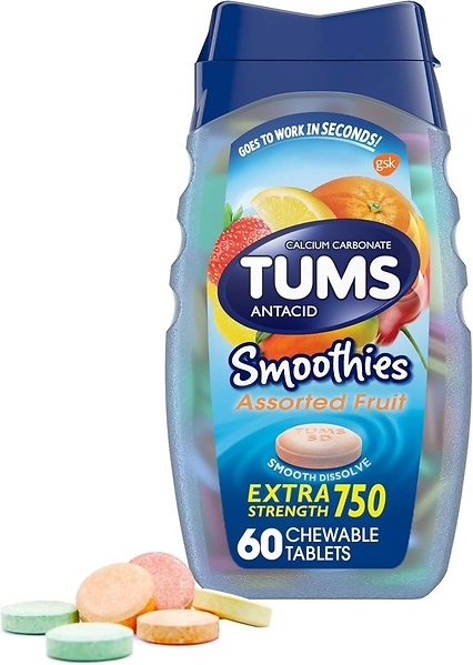 TUMS Smoothies Extra Strength Antacid Chewable Tablets, Assorted Fruit, 60 Count