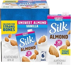 Silk Almond Milk, Unsweetened Vanilla, Dairy-Free, Vegan, 1 Quart, Pack of 6