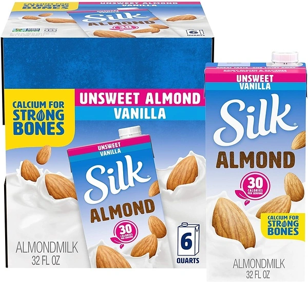 Silk Almond Milk, Unsweetened Vanilla, Dairy-Free, Vegan, 1 Quart, Pack of 6