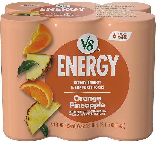 V8 +ENERGY Orange Pineapple Energy Drink, 8 FL OZ Can, Pack of 6