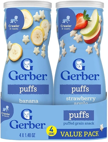 Gerber Baby Snacks Puffs Variety Pack, Banana & Strawberry Apple, 1.48 oz, 8 Pack