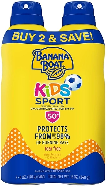 Banana Boat Kids Sport Sunscreen Spray SPF 50, Twin Pack, Oxybenzone Free, 6oz x 2