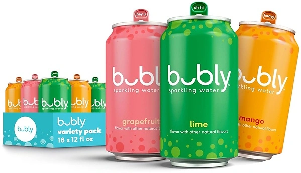 bubly Sparkling Water, Tropical Thrill 3 Flavor Variety Pack, 18 Cans