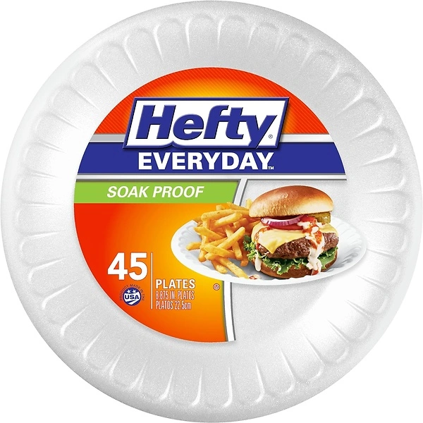 Hefty Everyday 9 Inch Foam Plates, White, 45 Count