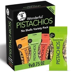 Wonderful Pistachios No Shells, Mixed Variety Pack, Roasted & Salted, 9 Pack