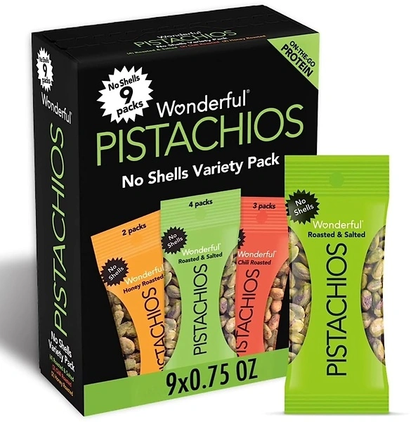 Wonderful Pistachios No Shells, Mixed Variety Pack, Roasted & Salted, 9 Pack