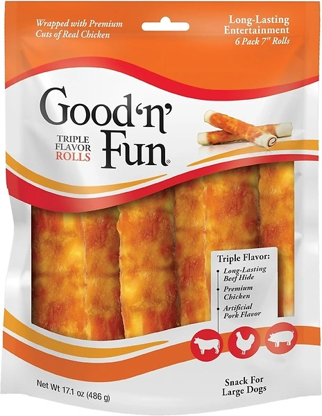 Good'n'Fun Triple Flavor 7 inch Rolls, Chews for Dogs, 6 Count