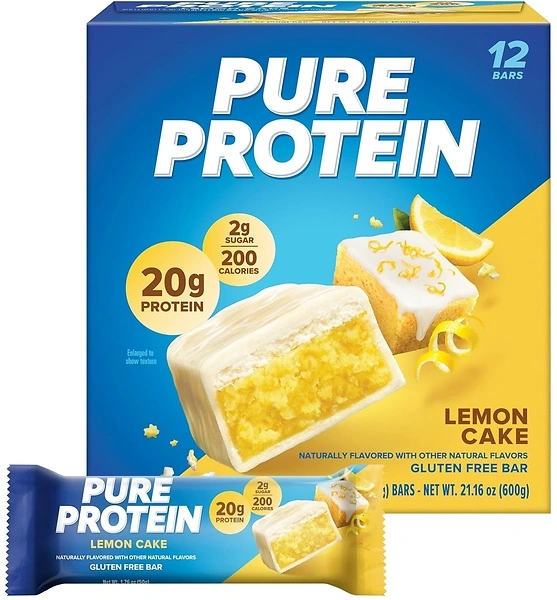 Pure Protein Bars, High Protein Snacks, Energy, Low Sugar, Lemon Cake, 1.76 oz, 12 Count