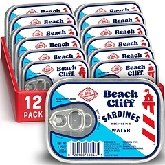 Beach Cliff Sardines in Water, 3.75 oz Can, Pack of 12 - Wild Caught, 12g Protein