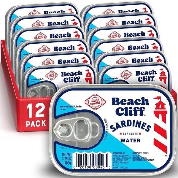 Beach Cliff Sardines in Water, 3.75 oz Can, Pack of 12 - Wild Caught, 12g Protein