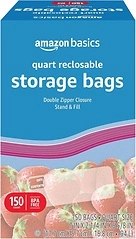 Amazon Basics Quart Food Storage Bags, Stand & Fill, 150 Count