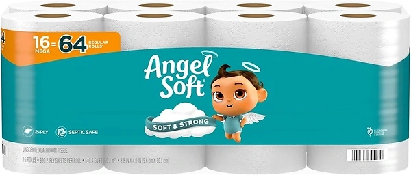 Angel Soft Toilet Paper, 16 Mega Rolls (64 Regular Rolls), Soft and Strong