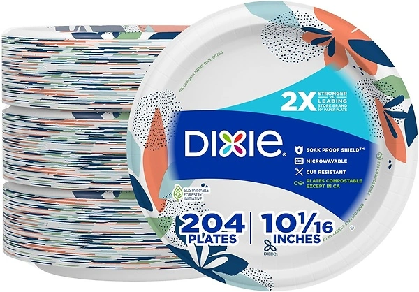 Dixie Large Paper Plates, 10 Inch, 204 Count, Microwave-Safe, Soak-Proof