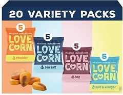 LOVE CORN Family Favorite - Sea Salt, BBQ, Salt & Vinegar, Cheddar, 20 Pack, 0.7oz