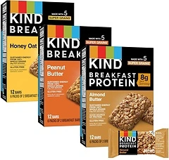 KIND Breakfast Bars, Variety Pack, Honey Oat, Almond Butter, Peanut Butter, 18 Count