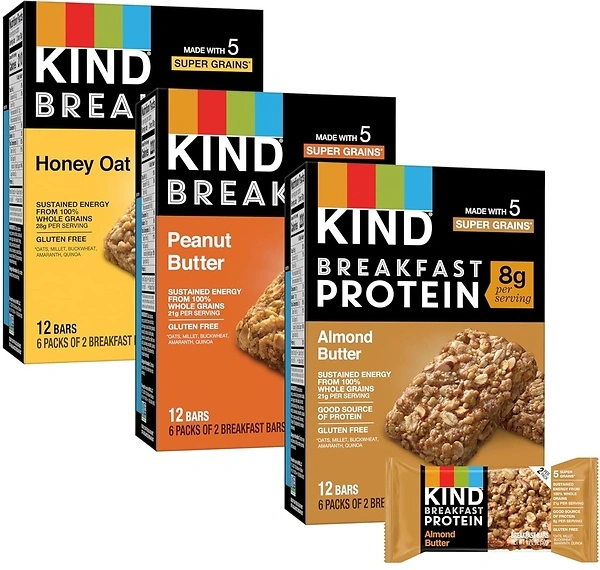 KIND Breakfast Bars, Variety Pack, Honey Oat, Almond Butter, Peanut Butter, 18 Count