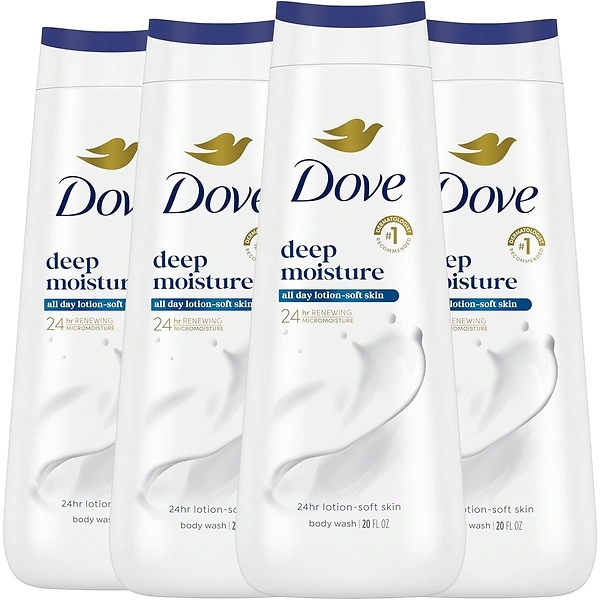 Dove Body Wash, Deep Moisture, For Dry Skin, 4 Count, 20 oz