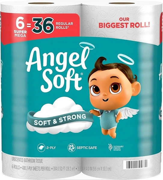Angel Soft Toilet Paper, 6 Super Mega Rolls, Soft and Strong Tissue