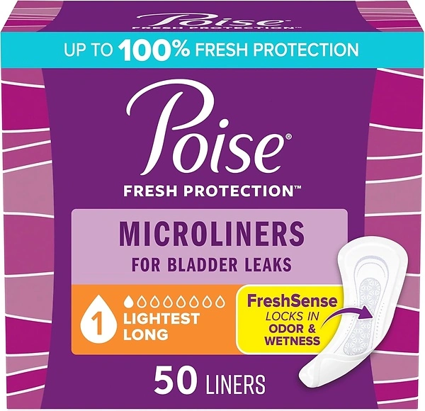 Poise Daily Microliners, Incontinence Panty Liners, 1 Drop, Long Length, 50 Count
