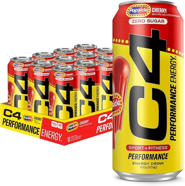 Cellucor C4 Energy Drink, POPSICLE Cherry, Sugar-Free, 16 Oz, Pack of 12