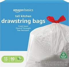 Amazon Basics Flextra Tall Kitchen Drawstring Trash Bags, 13 Gallon, 90 Count