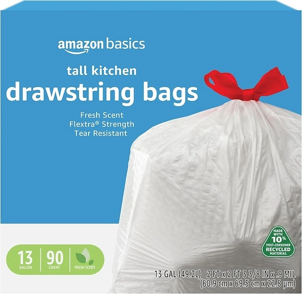 Amazon Basics Flextra Tall Kitchen Drawstring Trash Bags, 13 Gallon, 90 Count
