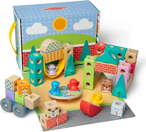 Melissa & Doug Blockables Town Snap and Play, Connectable Wooden Blocks, 73 Pcs