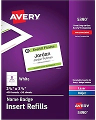 Avery Customizable Name Badge Inserts, 2.25" x 3.5", White, 400 Count