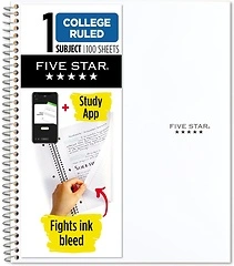 Five Star Spiral Notebook, 1 Subject, College Ruled, 100 Sheets, 8-1/2" x 11"