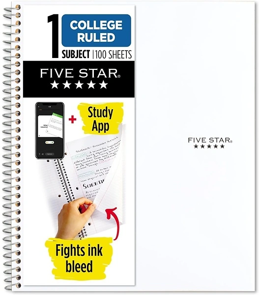 Five Star Spiral Notebook, 1 Subject, College Ruled, 100 Sheets, 8-1/2" x 11"