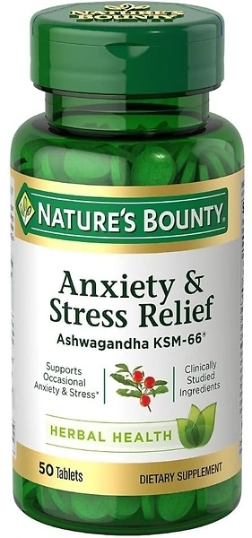 Nature's Bounty Stress Relief Ashwagandha KSM 66 Tablets, Mood Support, 50 Count
