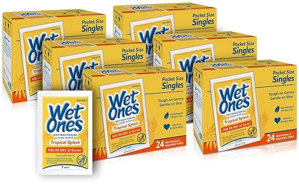 Wet Ones Antibacterial Hand Wipes Singles, Tropical Splash, 24ct (6 Pack)