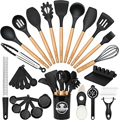 Astercook 39 PCS Kitchen Utensils Set, Silicone Cooking Tools with Wooden Handle