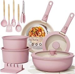 Astercook 21 Pcs Non Stick Ceramic Cookware Set, Detachable Handles, Pink