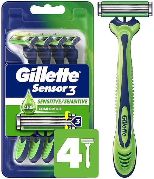 Gillette Sensor3 Sensitive Men's Disposable Razor, 4 Razors
