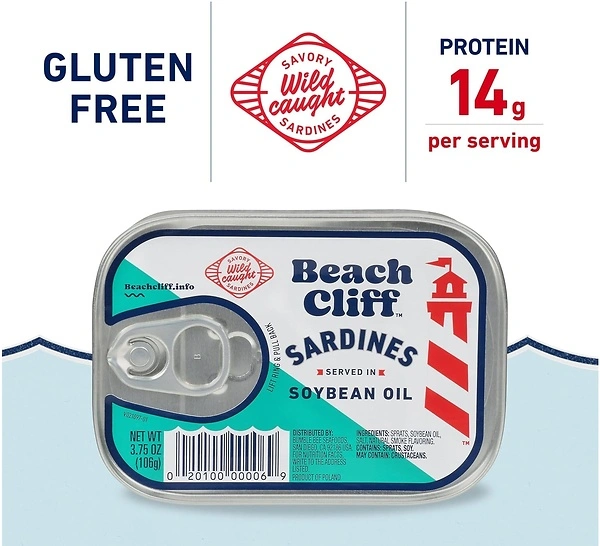 Beach Cliff Wild Caught Sardines in Soybean Oil, 3.75 oz Can, 13g Protein