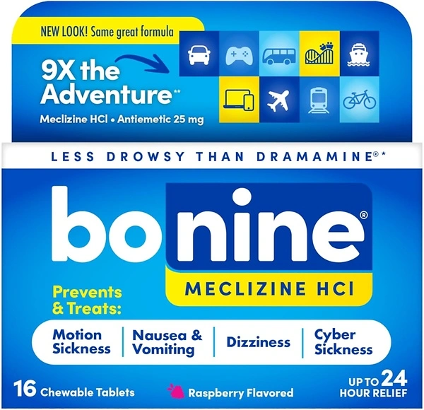 Non-Drowsy Bonine for Motion Sickness Relief, Meclizine HCI 25mg, 16 Tablets