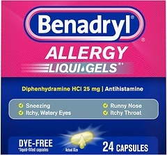 Benadryl Liqui-Gels Antihistamine Allergy Medicine & Cold Relief, Dye Free, 24 ct