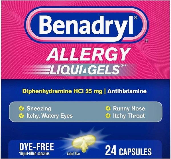 Benadryl Liqui-Gels Antihistamine Allergy Medicine & Cold Relief, Dye Free, 24 ct