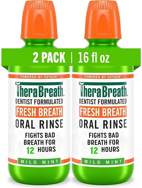 TheraBreath Fresh Breath Mouthwash, Mild Mint Flavor, Alcohol-Free, 16 Fl Oz (2-Pack)