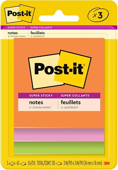 Post-it Super Sticky Notes, 3 x 3 in., 3 Pads, Energy Boost Collection