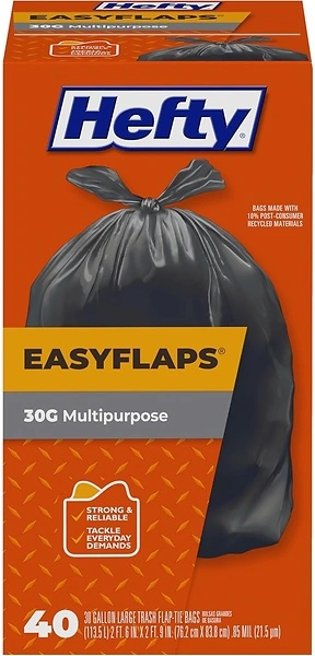 Hefty Easy Flaps Multipurpose Large Trash Bags, 30 Gallon, 40 Count