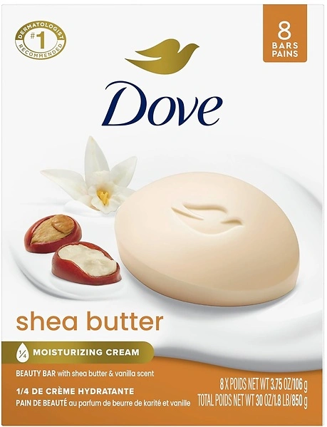 Dove Beauty Bar Gentle Skin Cleanser, Shea Butter, 8 Bars, 3.75 oz Each