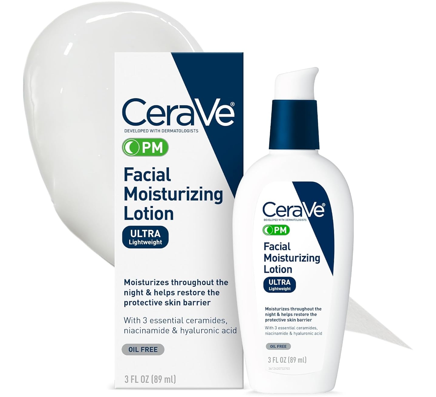 CeraVe PM Facial Moisturizing Lotion Night Cream, Hyaluronic Acid, Niacinamide, 3 oz