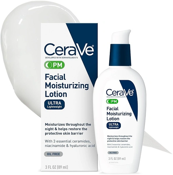 CeraVe PM Facial Moisturizing Lotion Night Cream, Hyaluronic Acid, Niacinamide, 3 oz